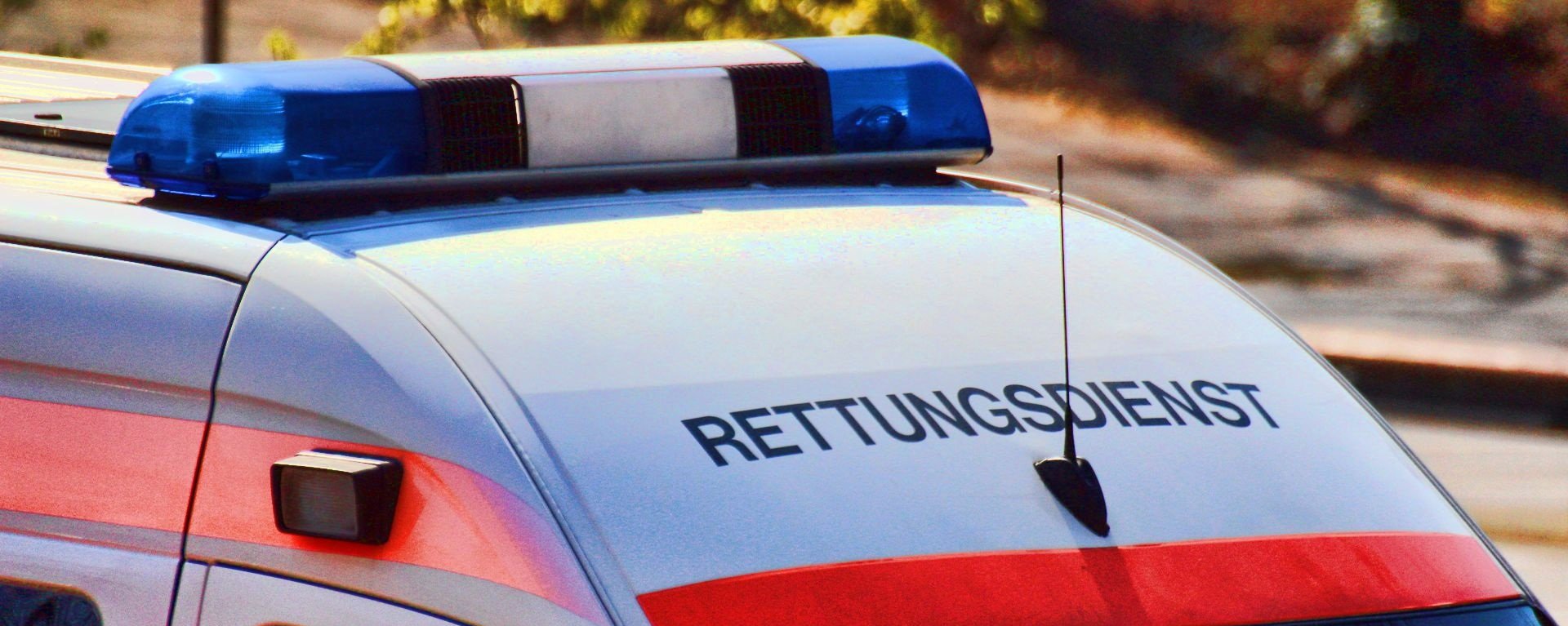 Detailaufnahme eines Blaulichts und der Aufschrift "Rettungsdienst" auf einem Rettungswagen