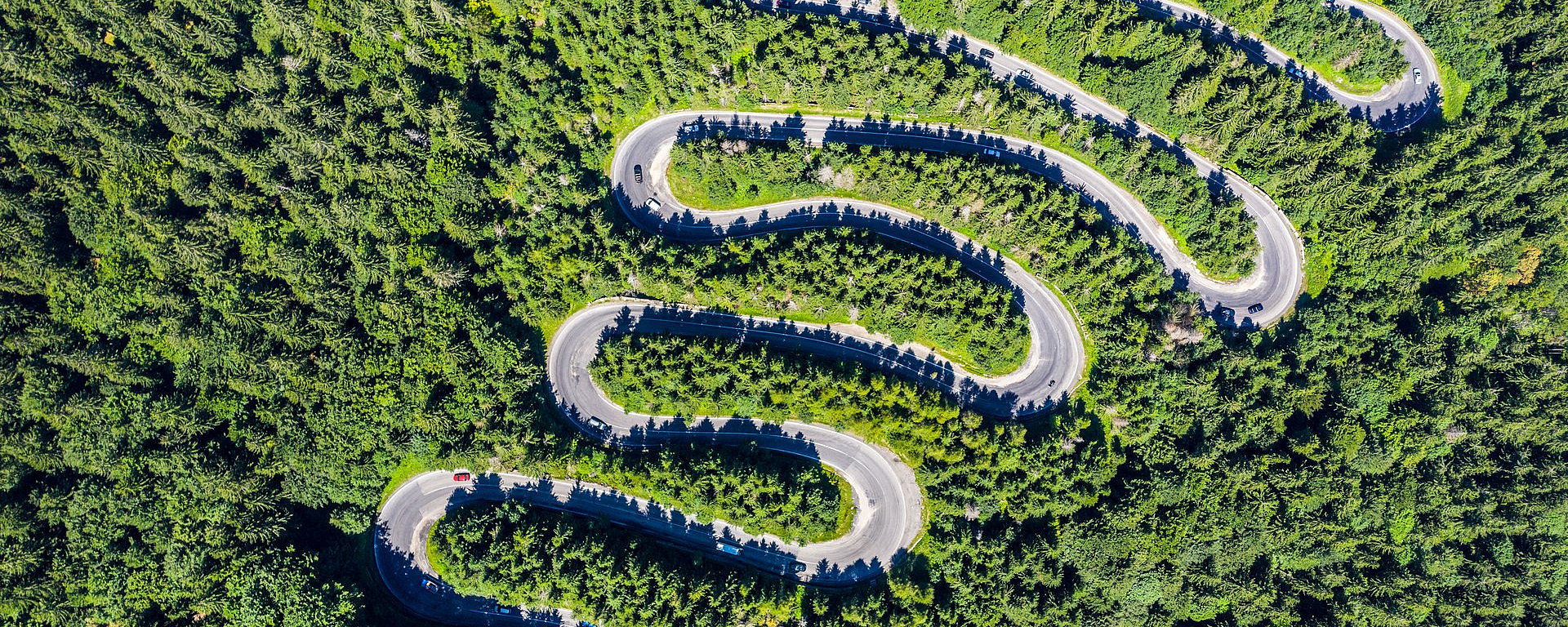 Aerial top view of a winding road in green forest Eine Luftaufnahme von Serpentinen im Wald
