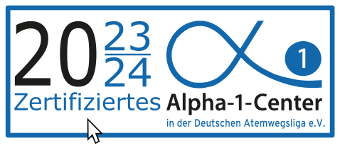 Logo der Deutschen Atemwegsliga mit der Aufschrift "Zertifiziertes Alpha-1-Center 2023/2024"