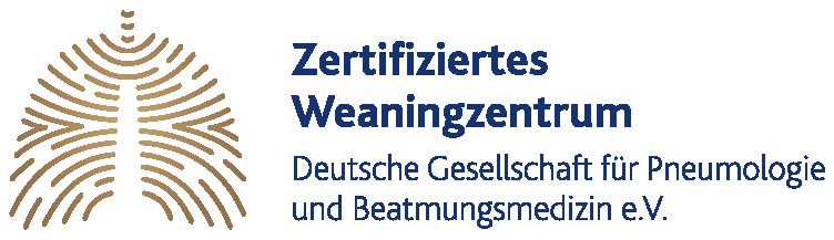 Logo mit der Aufschrift ‚Zertifiziertes Weaningzentrum – Deutsche Gesellschaft für Pneumologie und Beatmungsmedizin e. V.‘ und stilisierter Lungenabbildung.